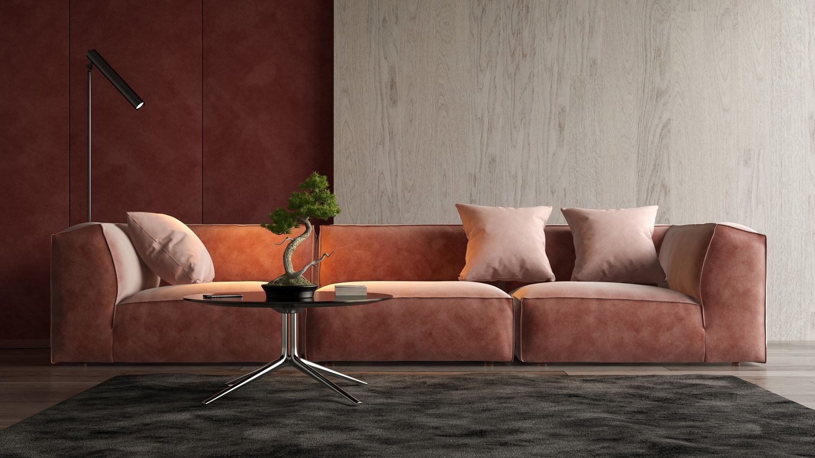 Wildleder-Sofa in einem hellen Wohnzimmer